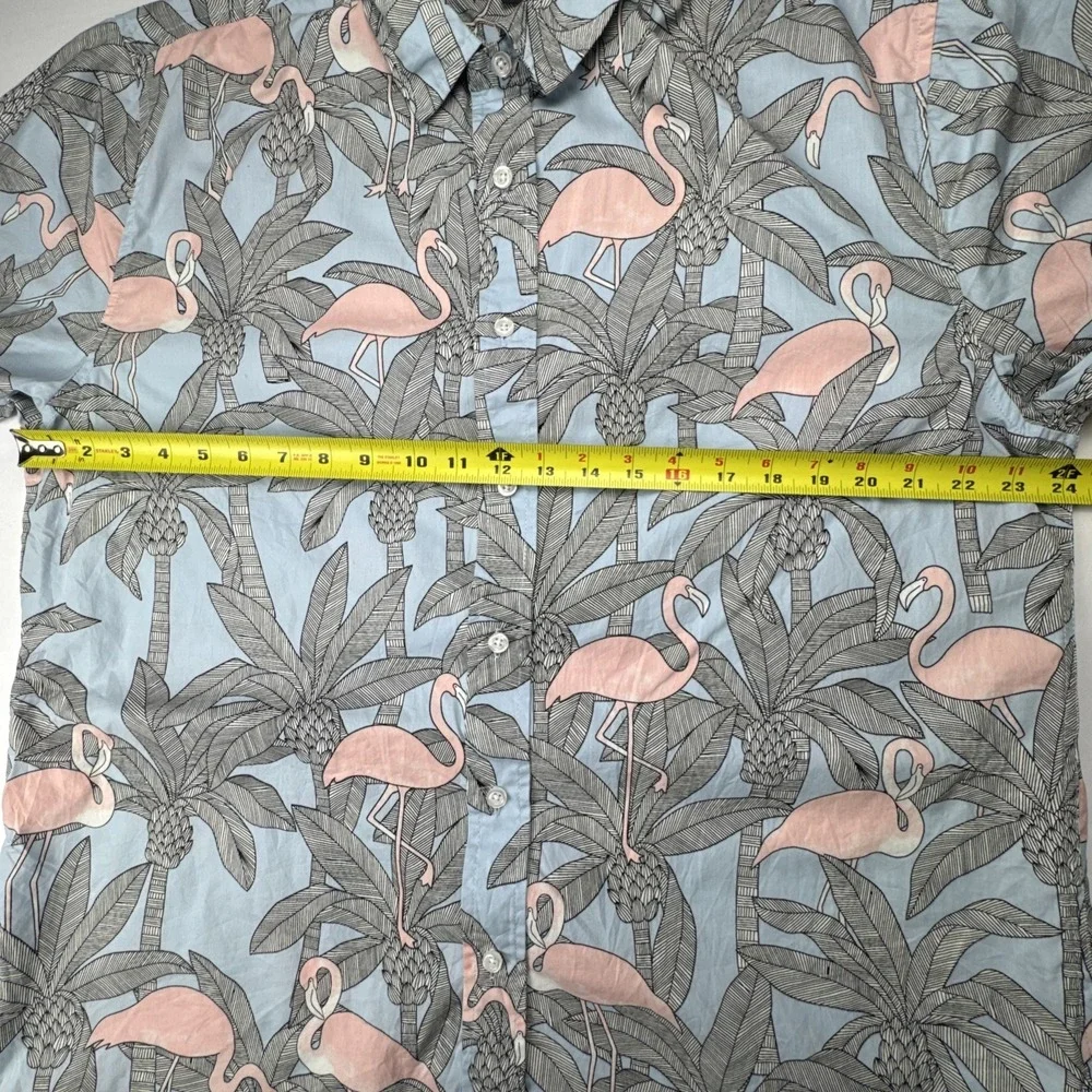 Warehouse One Flamingo Palm Tree Tropical Button Down Shirt XL Light‎ Blue Pink